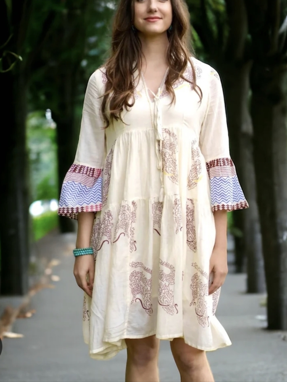Dolma Boho Cream Tiered Embroidered Dress with Tassel Tie Size XL Festival